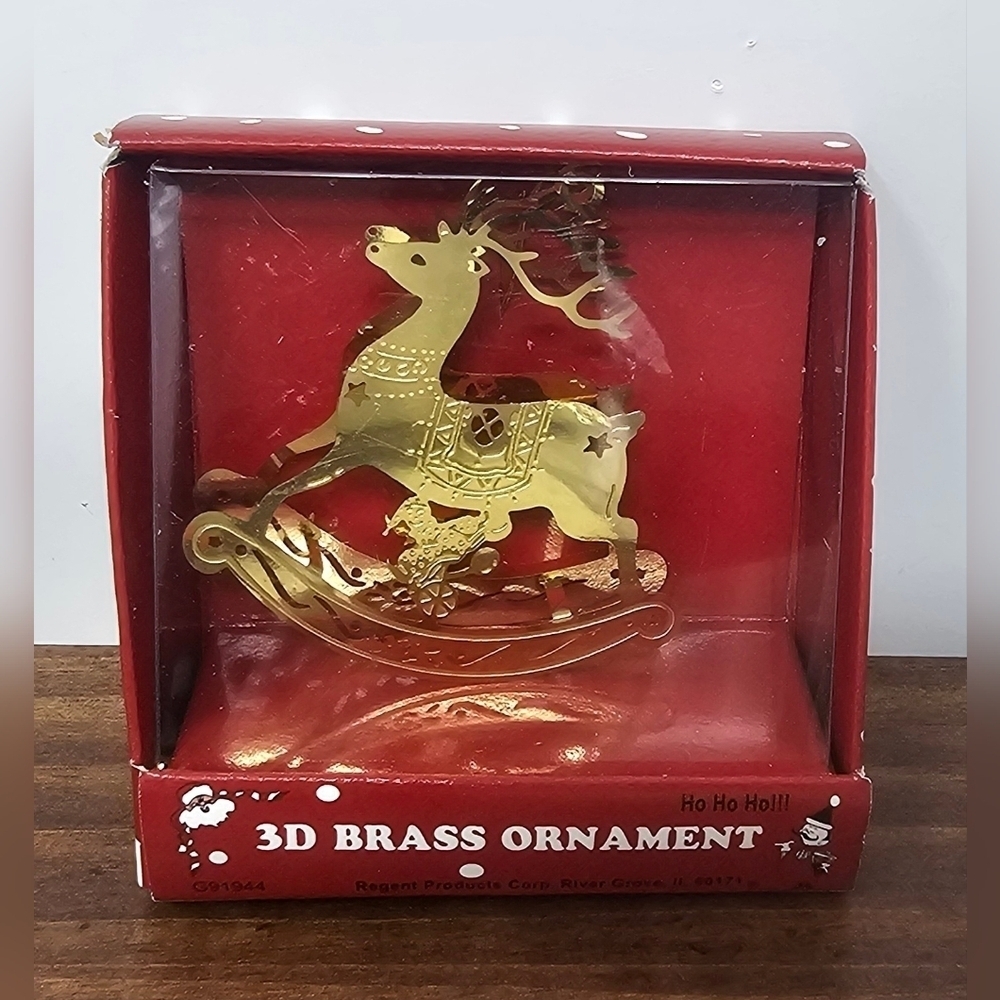 Vintage 3D Solid Brass Filigree Die Cut Gold Rocking Horse Ornament Shelf Sitter